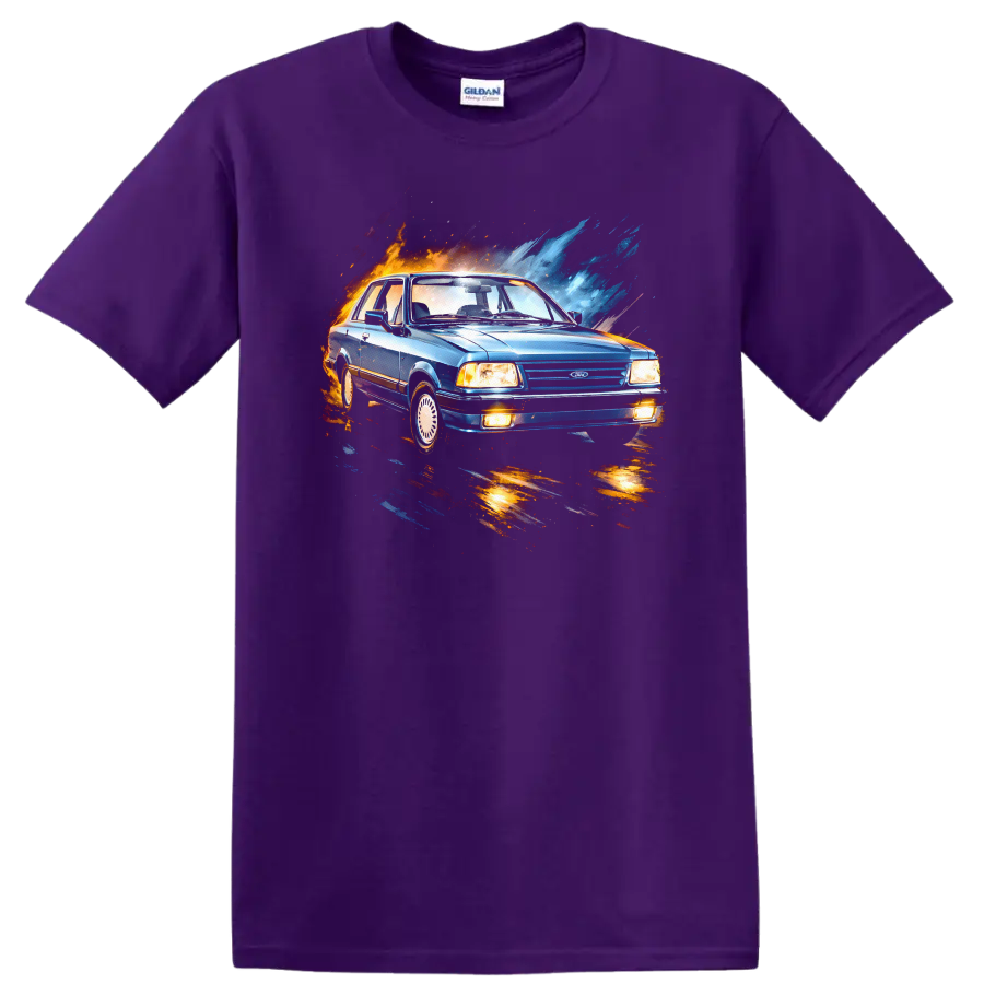 Blue Ford Del Rey classic car with orange and blue splash effects graphic print on a Purple T Shirt