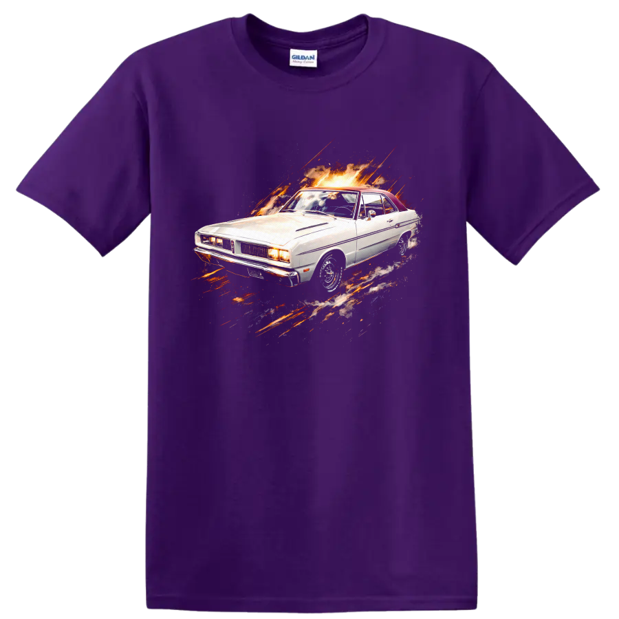 White Dodge Dart old car with fiery graphic burst on a black T-shirt on a Purple T Shirt