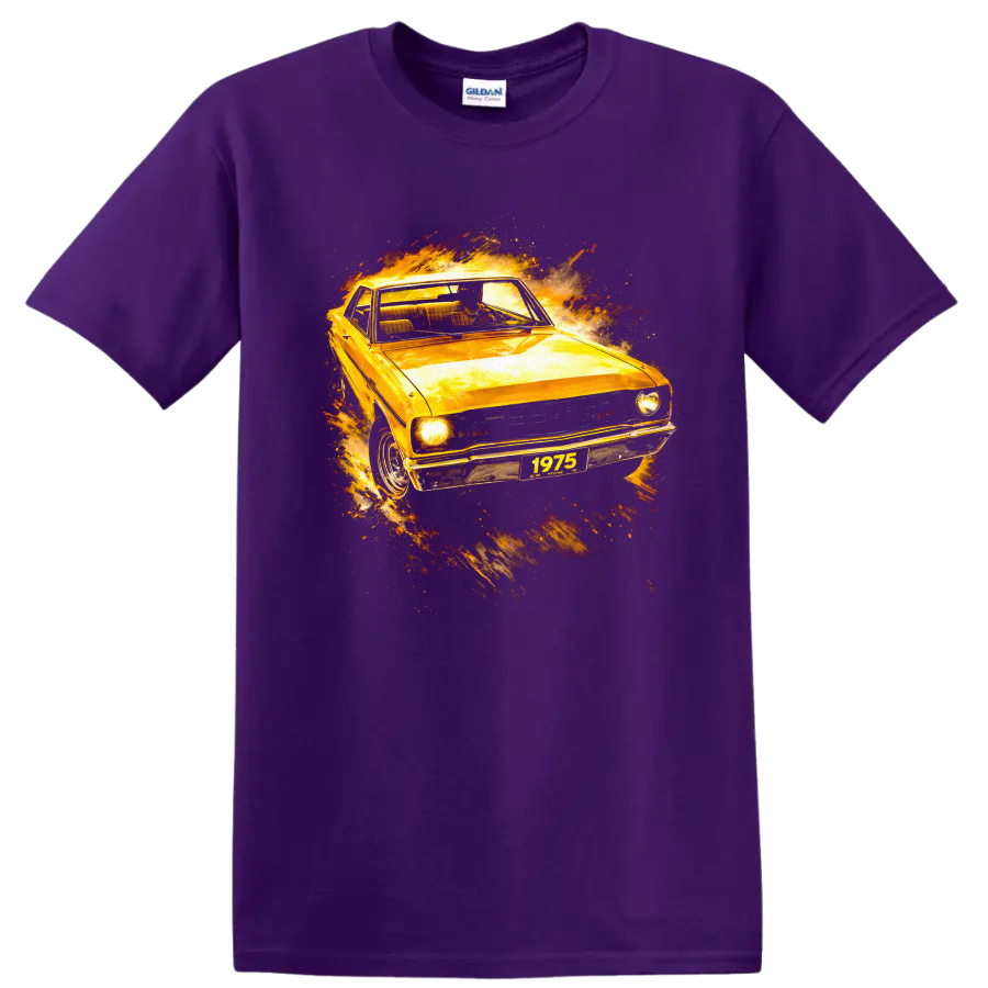 1975 Dodge Dart with fiery vintage car graphic print on T shirt on a Purple T Shirt