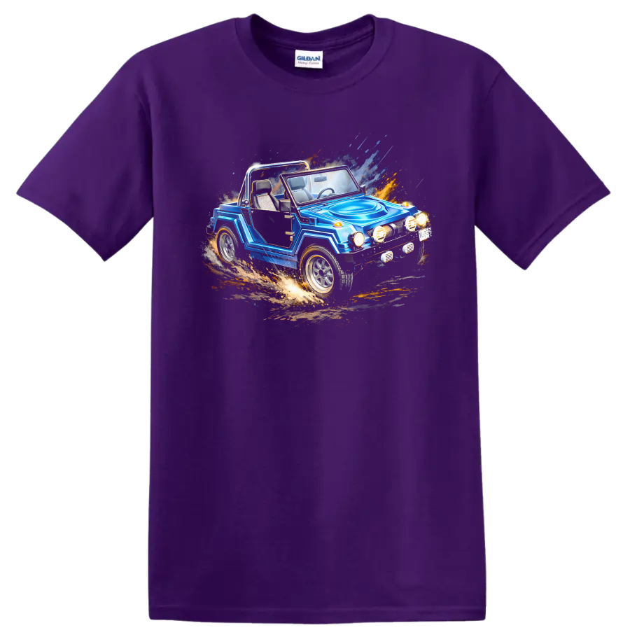 Blue Gurgel X12 off-road car graphic print with motion splash effects on a Purple T Shirt
