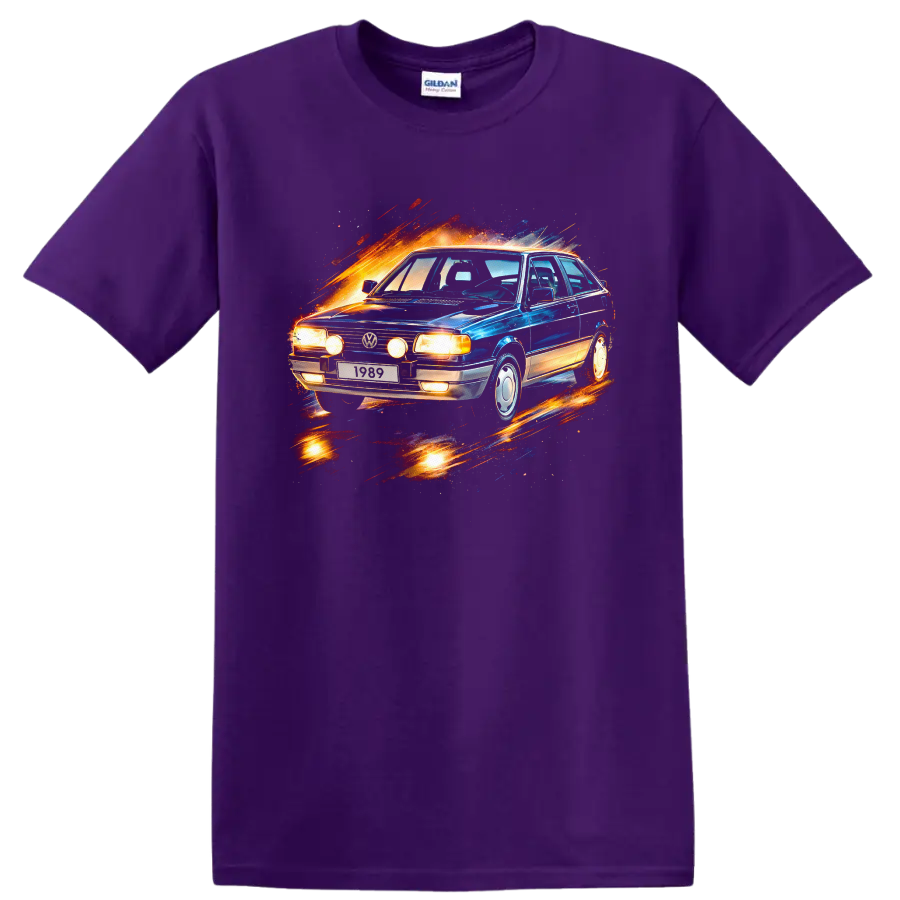 Vintage Volkswagen Gol car with fiery motion splash graphic print on T shirt on a Purple T Shirt