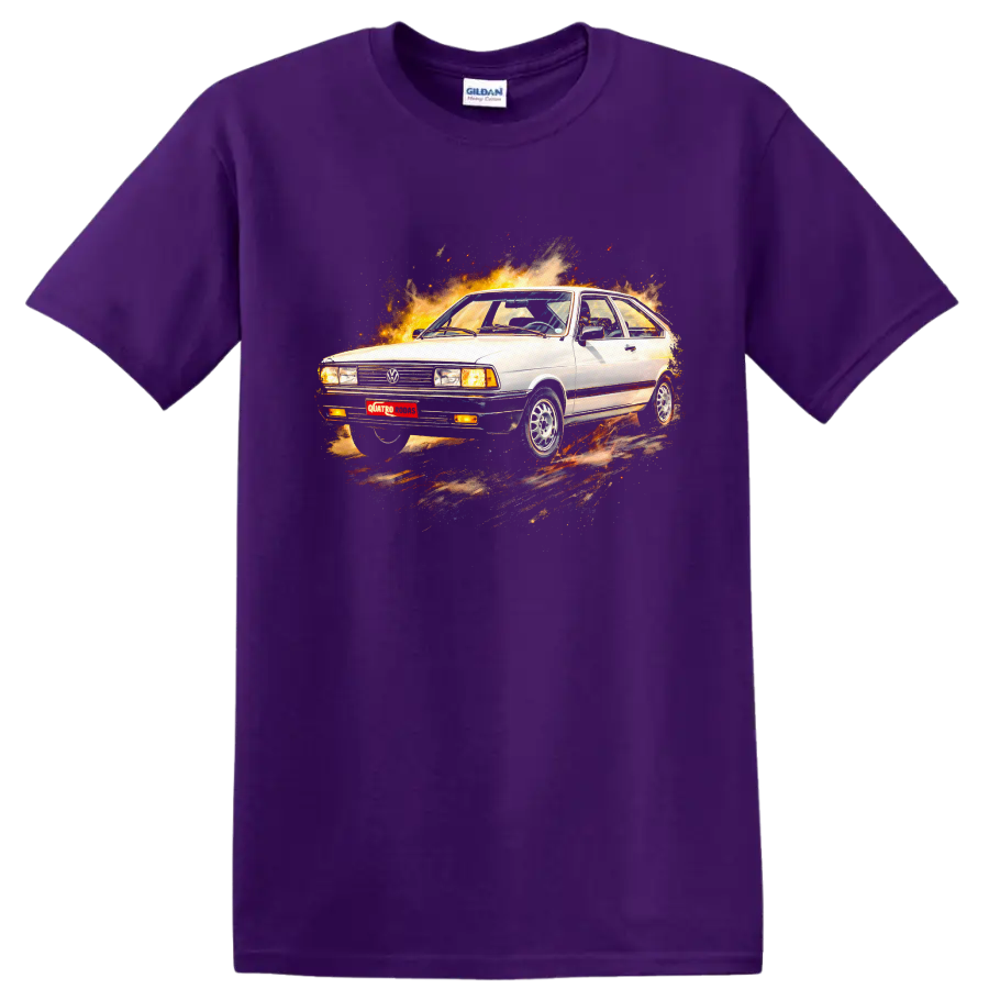 White Volkswagen Passat B1 surrounded by flames on a graphic print T-shirt on a Purple T Shirt