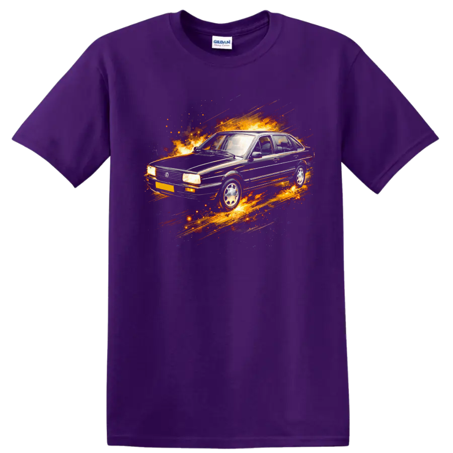 Volkswagen Santana old car with flames and motion streaks graphic print on T shirt on a Purple T Shirt