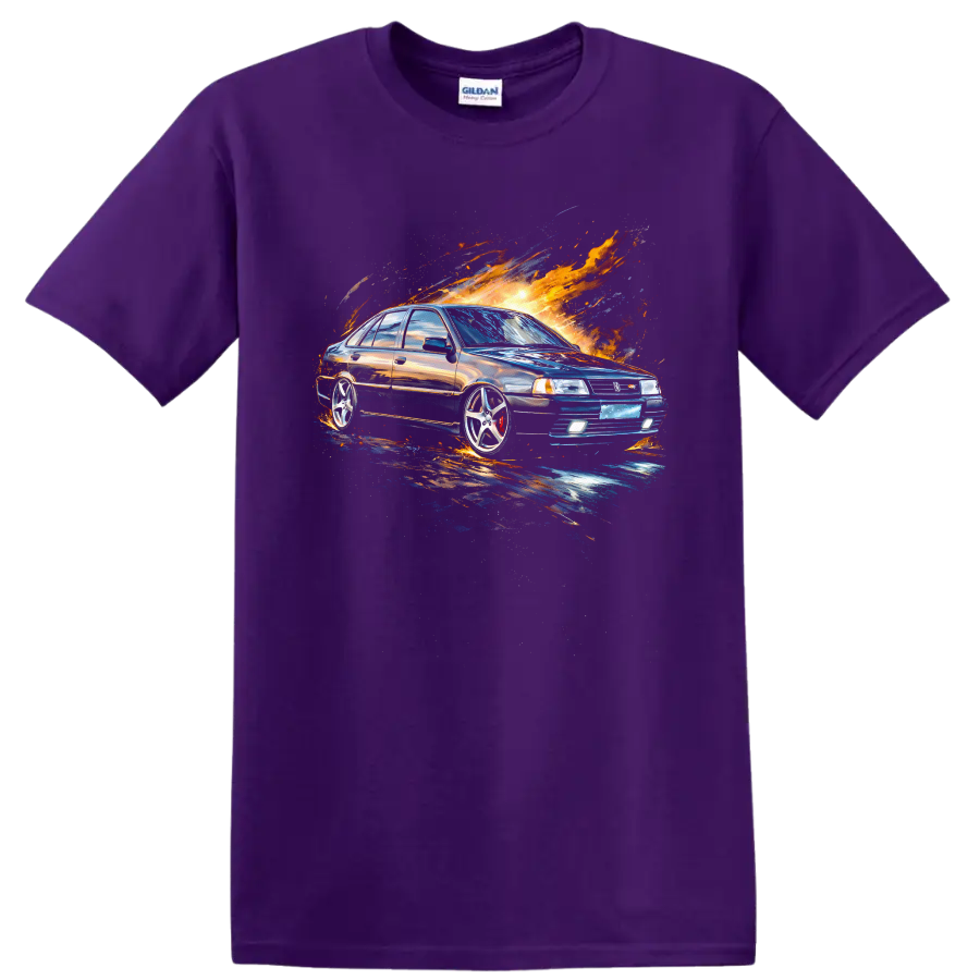 Nissan Cefiro A31 drifting car graphic with fiery splash artwork on T shirt on a Purple T Shirt