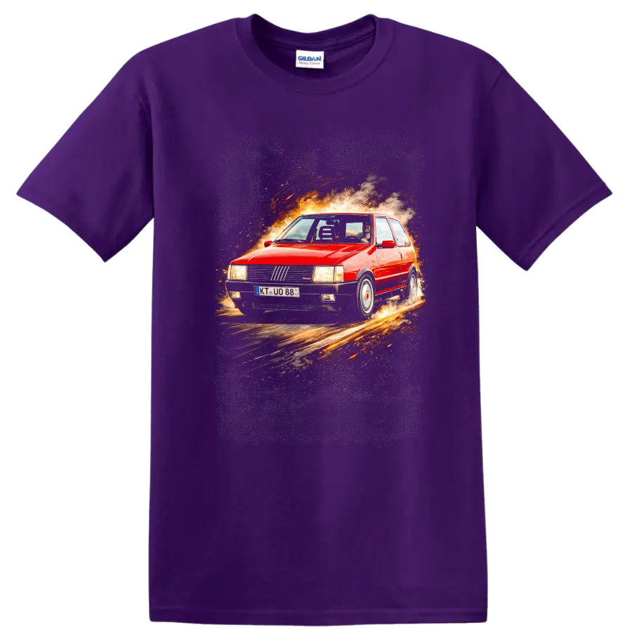 Red Fiat Uno Turbo i.e. MK1 graphic print with fiery smoke and sparks on a Purple T Shirt