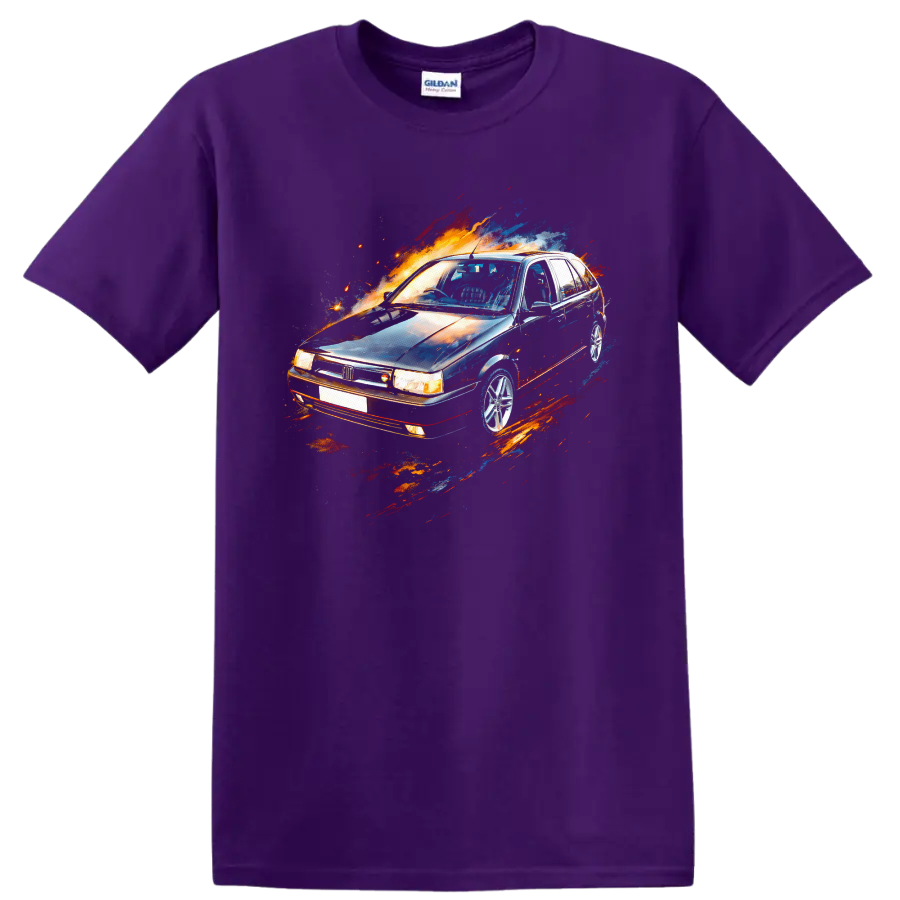 Fiat Tipo old car graphic print with colorful motion splashes on a Purple T Shirt