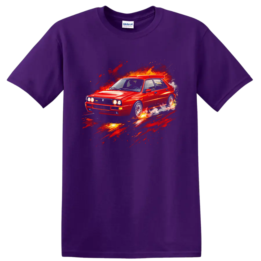 Red Lancia Delta HF Integrale Evo II old car graphic with fiery motion effects on a Purple T Shirt