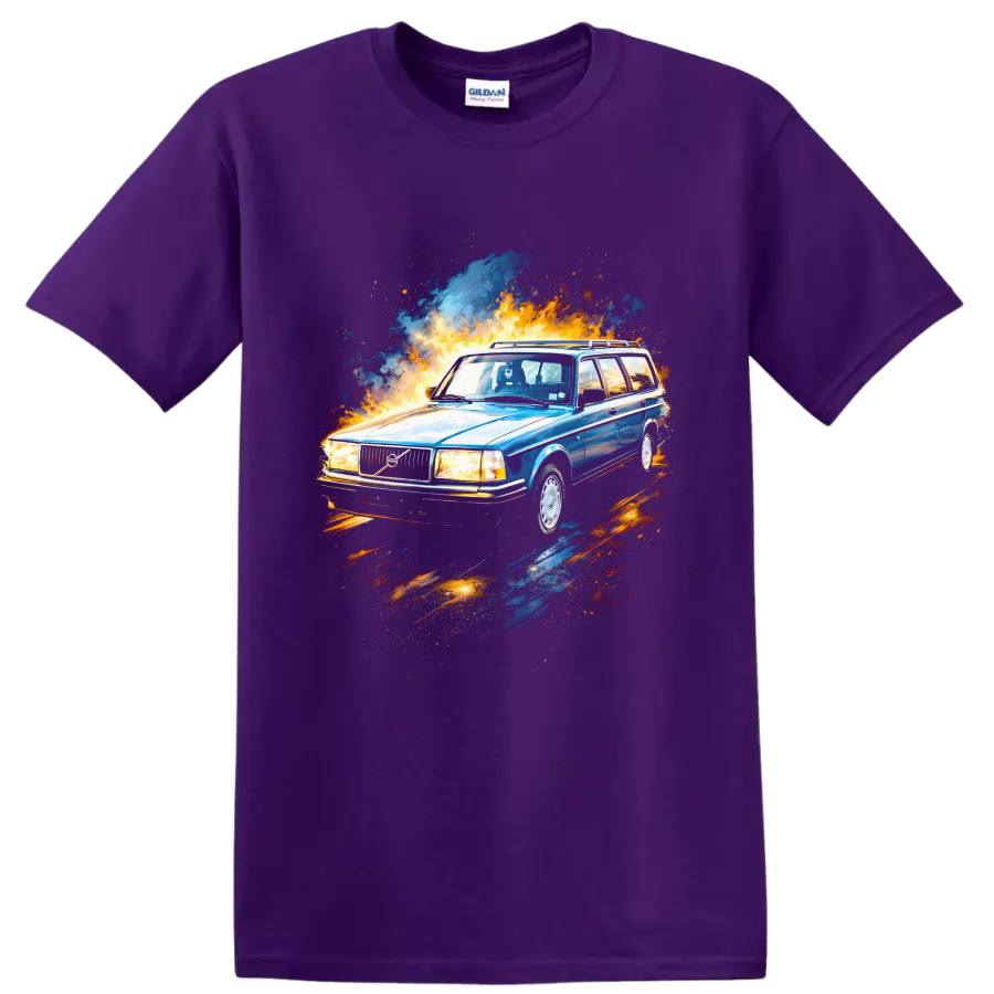 Blue Volvo 240 wagon with fire and paint splash graphic on T shirt on a Purple T Shirt