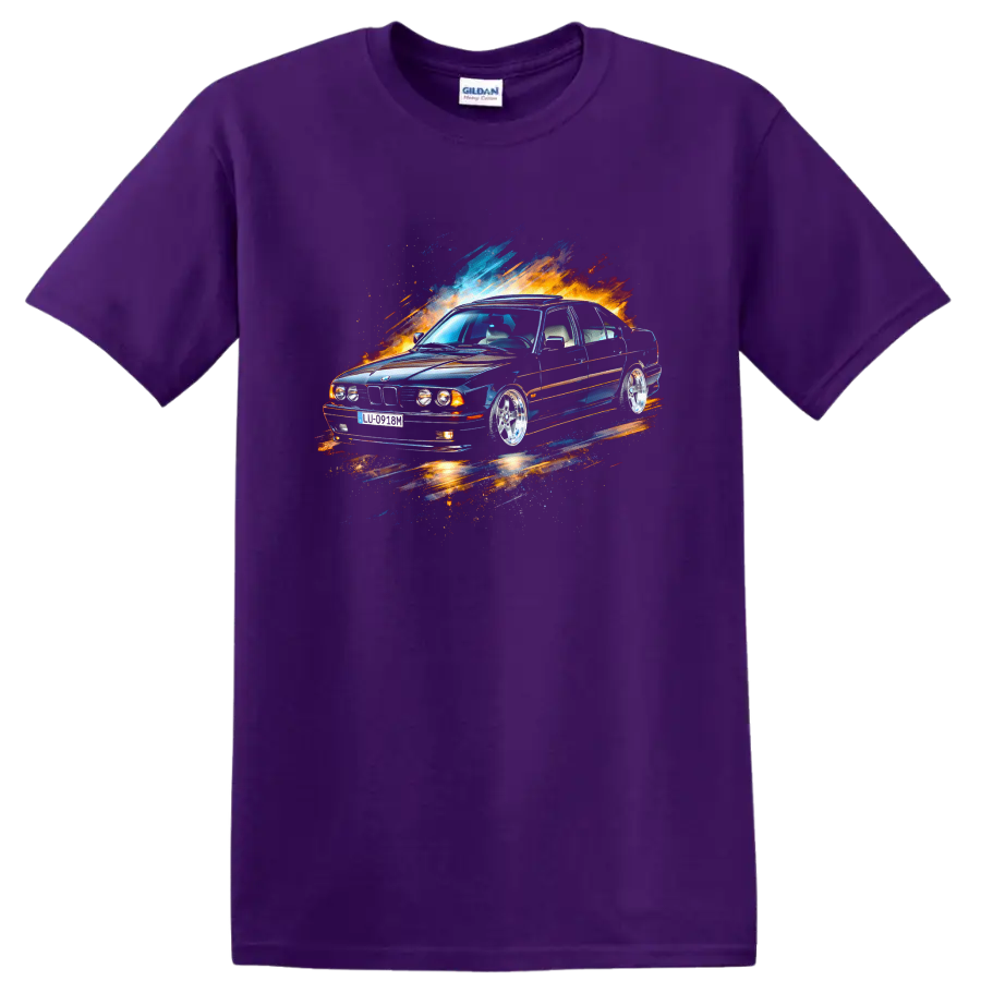 BMW E34 sedan graphic with blue and orange splash effects T-shirt on a Purple T Shirt