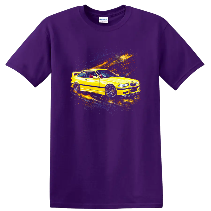 Yellow BMW E36 M3 car with colorful motion streaks graphic on T shirt on a Purple T Shirt