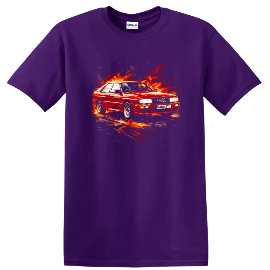 Red Audi Quattro old car graphic print with fiery splash effect on T shirt on a Purple T Shirt