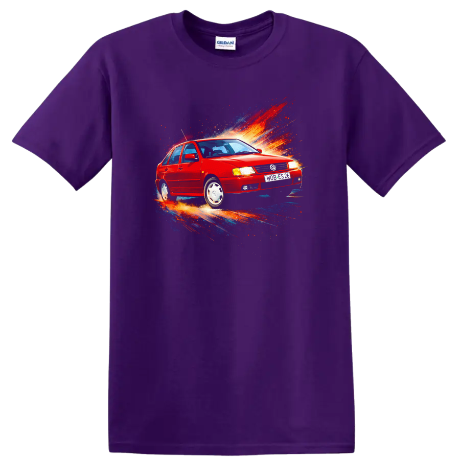 Red Volkswagen Polo Classic car with colorful splash graphic print on black background on a Purple T Shirt
