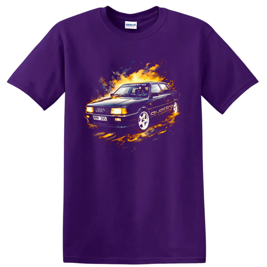 Audi 80 B2 car with flames and racing style graphic print on black T shirt on a Purple T Shirt