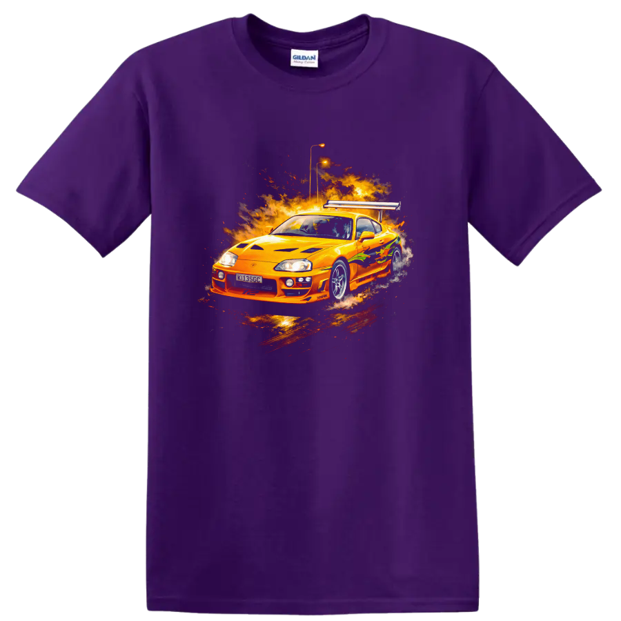 Orange Toyota Supra MK4 with fiery graphic burst, automotive T shirt design on a Purple T Shirt