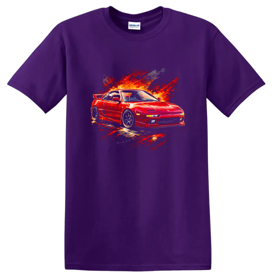 Red Toyota MR2 sports car with fiery paint-splash graphic print on a T shirt on a Purple T Shirt