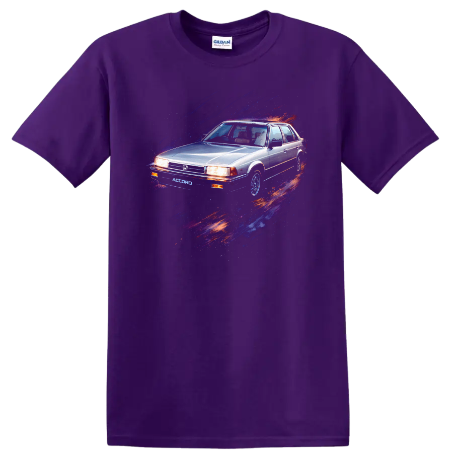 Old Honda Accord sedan graphic print T-shirt with blue and red paint streaks on a Purple T Shirt