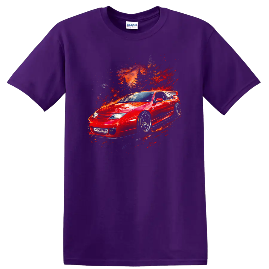 Red Nissan 300ZX Z32 sports car with abstract fiery motion graphic print on a Purple T Shirt