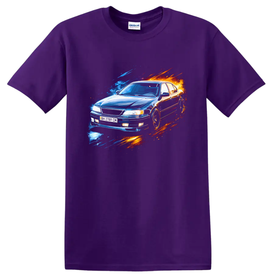 Blue Nissan Maxima A32 sedan with blue and orange streaks graphic print on a Purple T Shirt