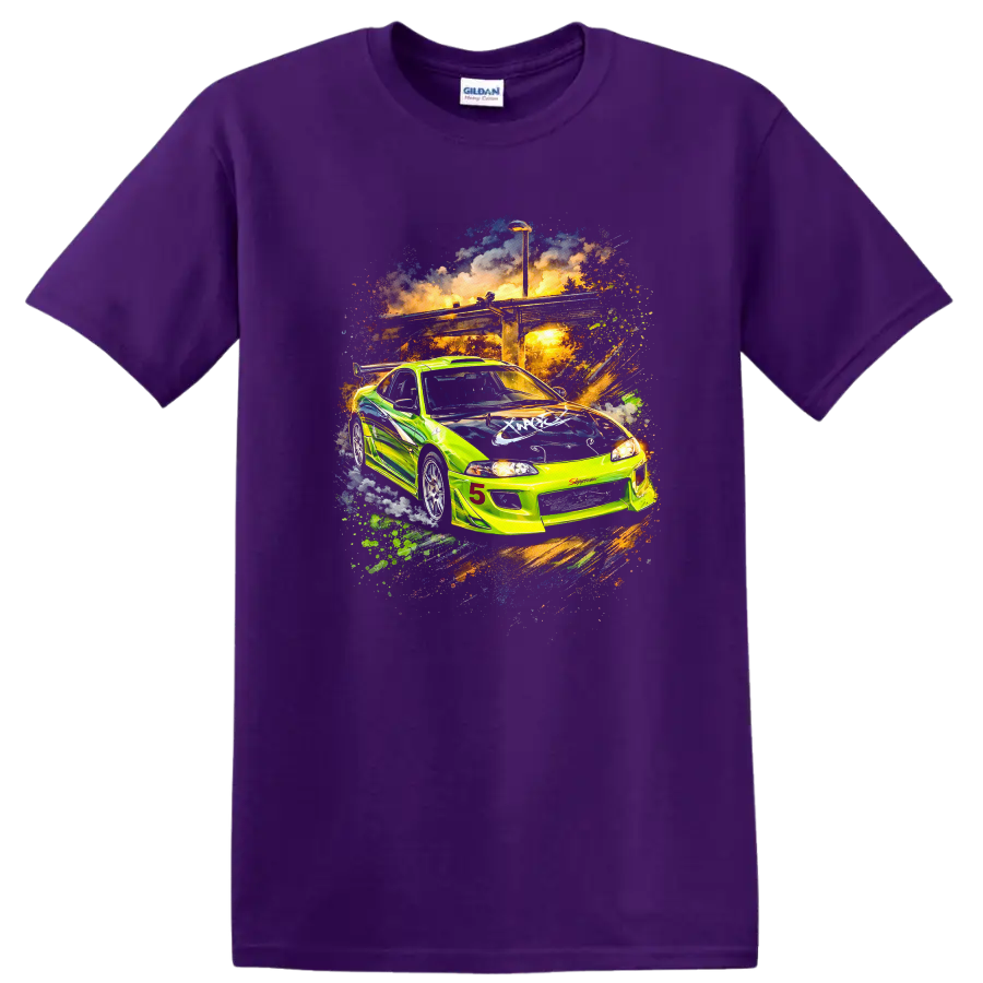 Neon green Mitsubishi Eclipse GS racing car graphic print T-shirt on a Purple T Shirt