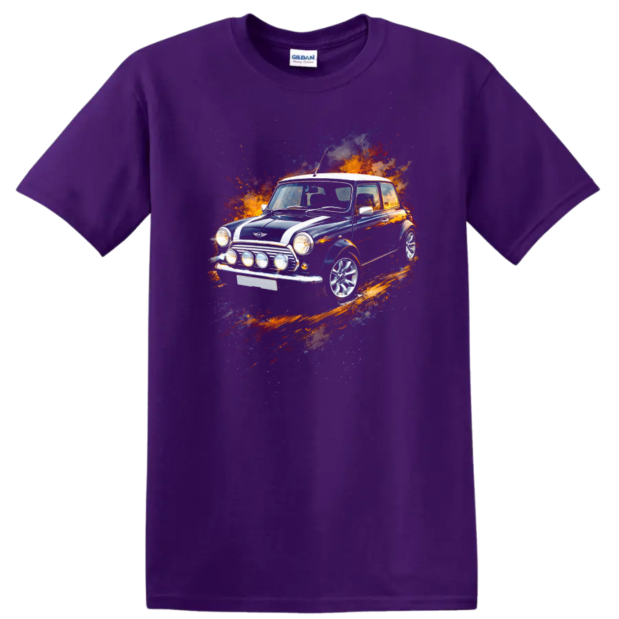 Classic Mini Cooper car with colorful paint splash graphic print on a Purple T Shirt