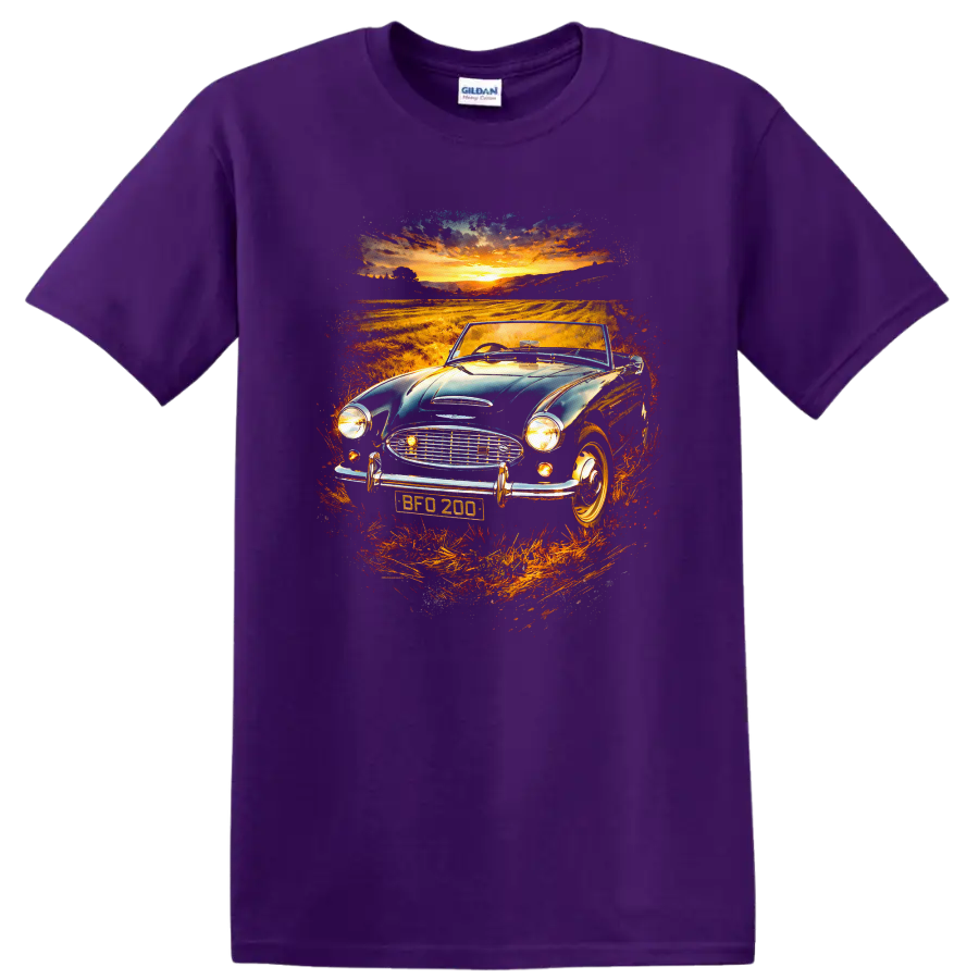 Austin-Healey 3000 classic car at sunset graphic print T-shirt on a Purple T Shirt