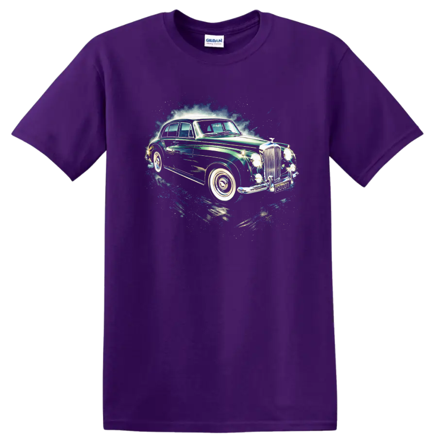 Vintage Bentley S2 classic car with chrome details and blue splash graphic on a T shirt on a Purple T Shirt
