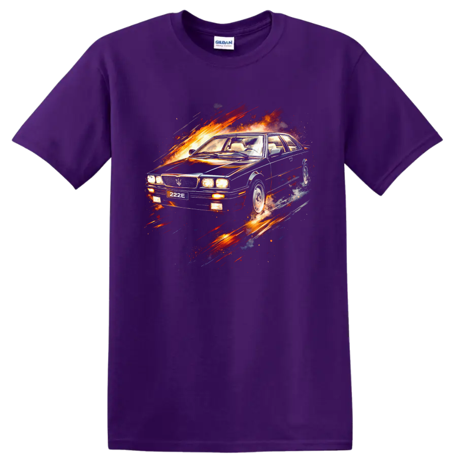 Old Maserati 222 car graphic with fiery motion streaks on a Purple T Shirt