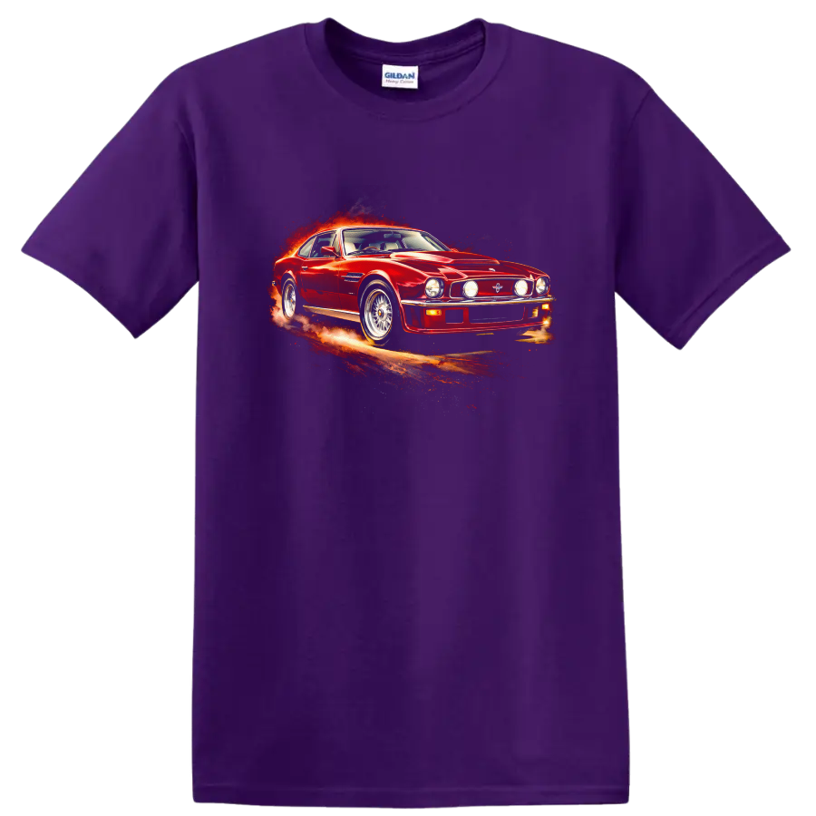 Red Aston Martin V8 Vantage classic car graphic with fiery motion effect on a Purple T Shirt