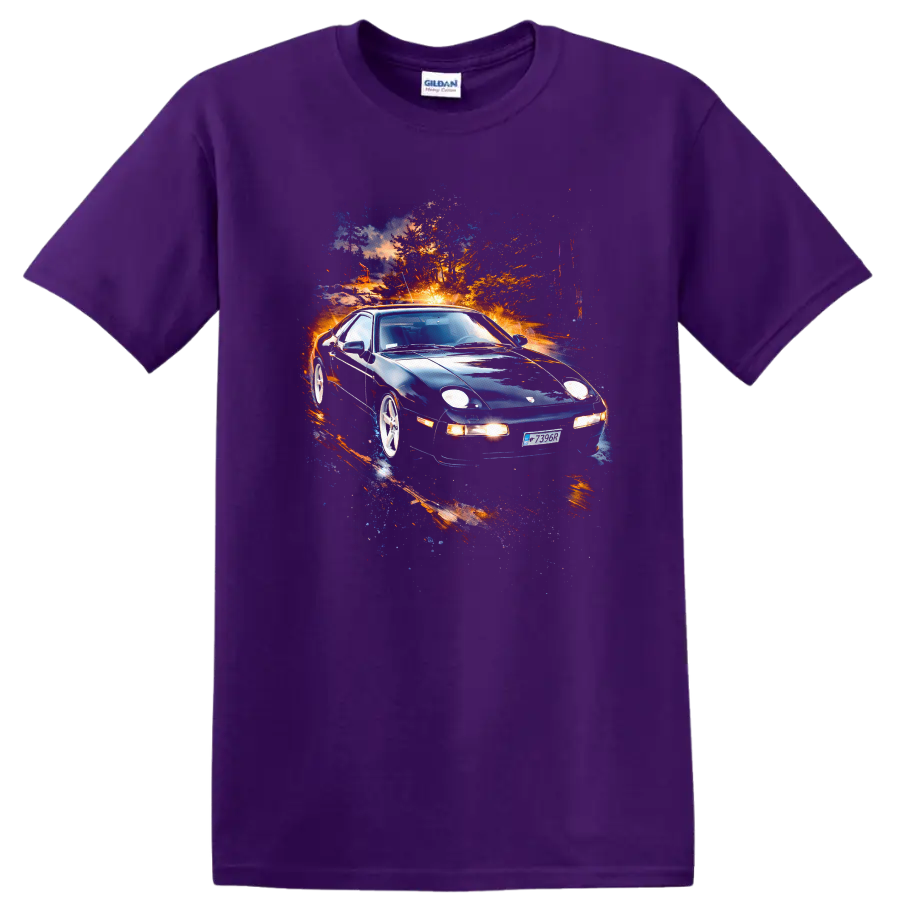 Porsche 928 old car with vivid colorful motion effect on black T-shirt on a Purple T Shirt