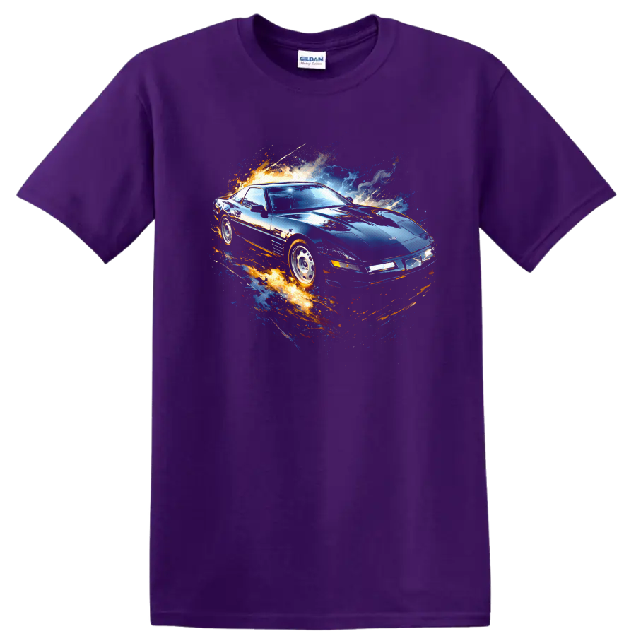 Chevrolet Corvette C4 with blue and orange motion graphic print on a T shirt on a Purple T Shirt