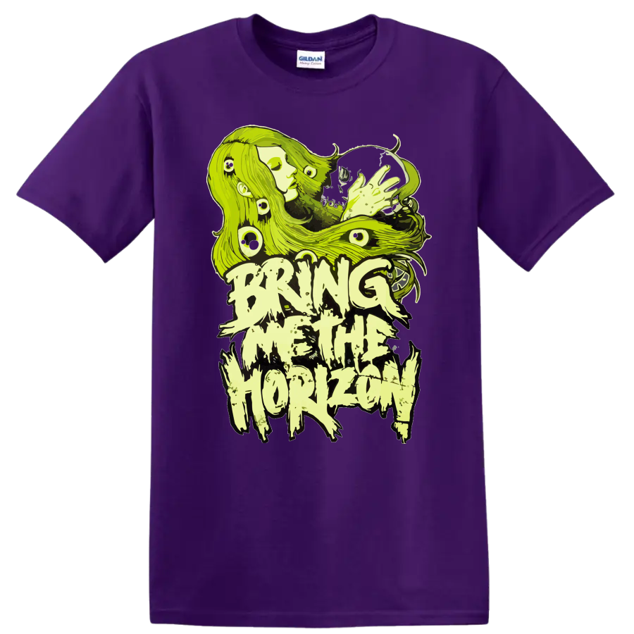 Neon green Bring Me The Horizon inspired horror-metal graphic T - Purple
