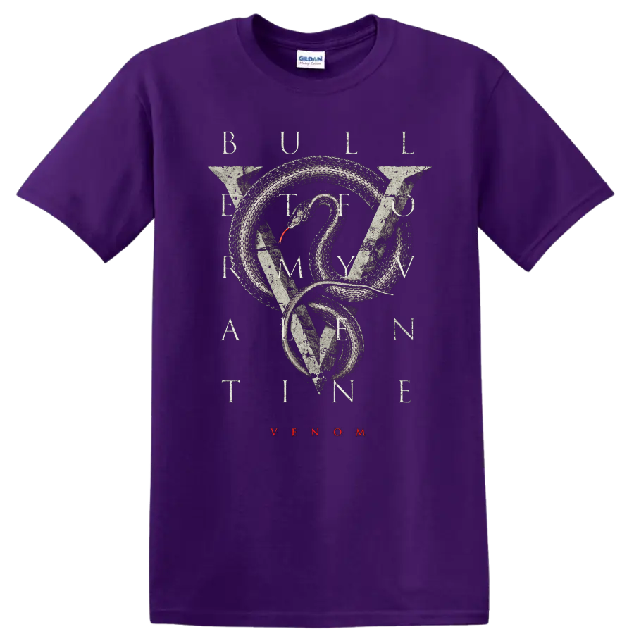 Bullet For My Valentine snake graphic with VENOM text on black T - Purple