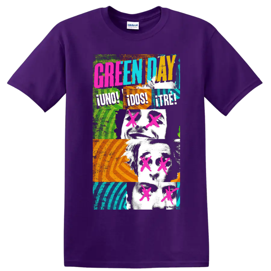 Green Day graphic print T shirt with neon punk rock portrait - Purple