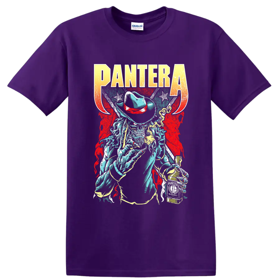 PANTERA graphic T shirt with cowboy skull, distressed lettering, and vintage rock metal - Purple