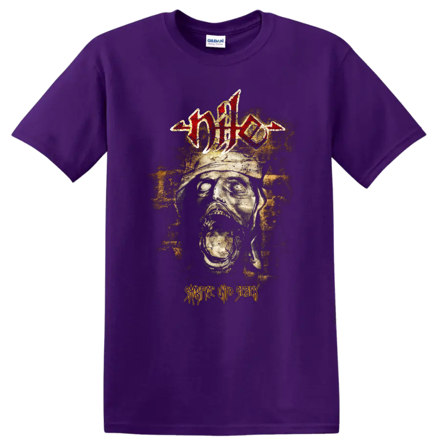 Nile logo above distressed skull artwork with Sacrifice Unto Sebek text on a Purple T Shirt