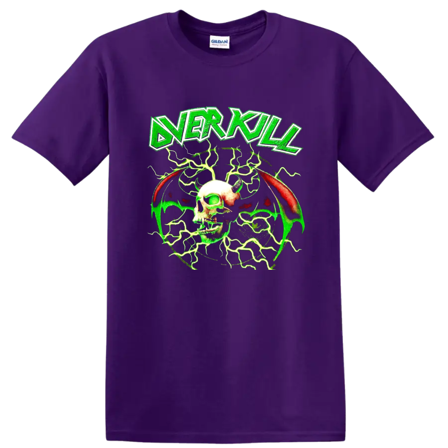 Overkill logo with horned skull, bat wings, and neon green lightning graphic on a Purple T Shirt