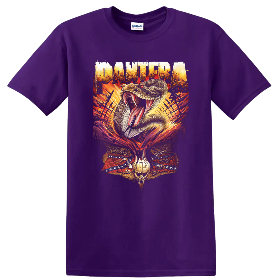 Pantera cobra, flames, skull, barbed wire, and distressed metal artwork on a Purple T Shirt