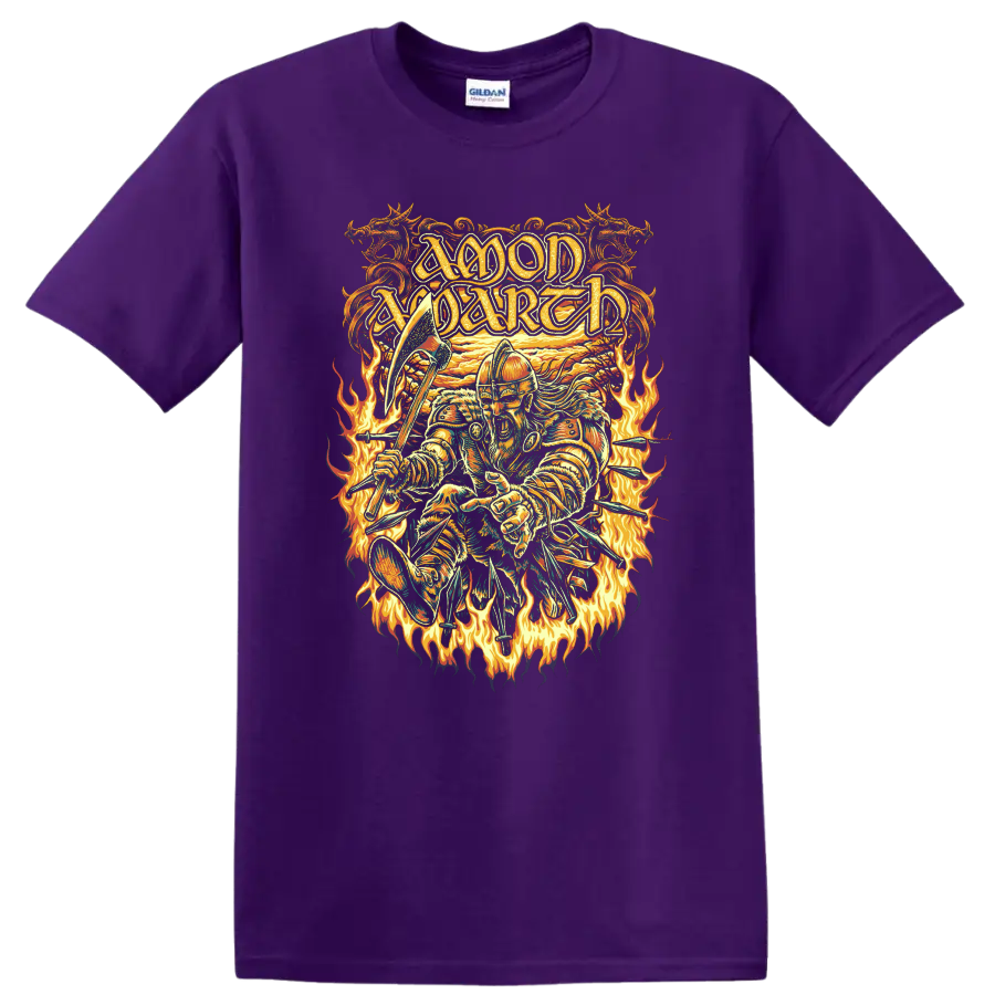 Amon Amarth Viking warrior with axe, arrows, and flames in ornate metal art on a Purple T Shirt
