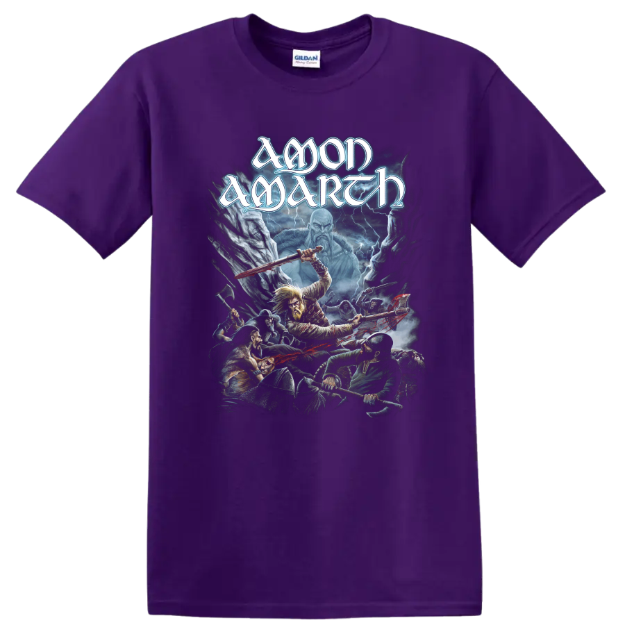 Amon Amarth logo above a lightning-lit Viking battle with Norse warriors on a Purple T Shirt