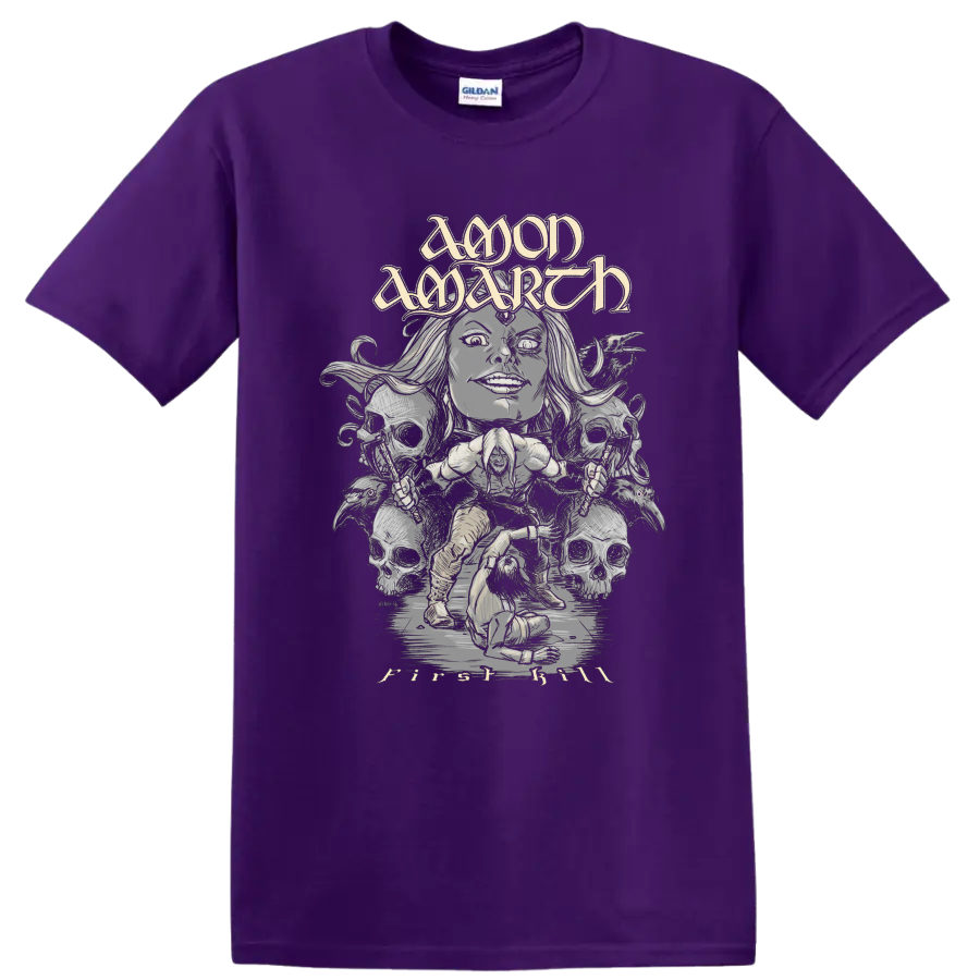 Amon Amarth First Kill Viking warrior and skulls in monochrome metal illustration on a Purple T Shirt