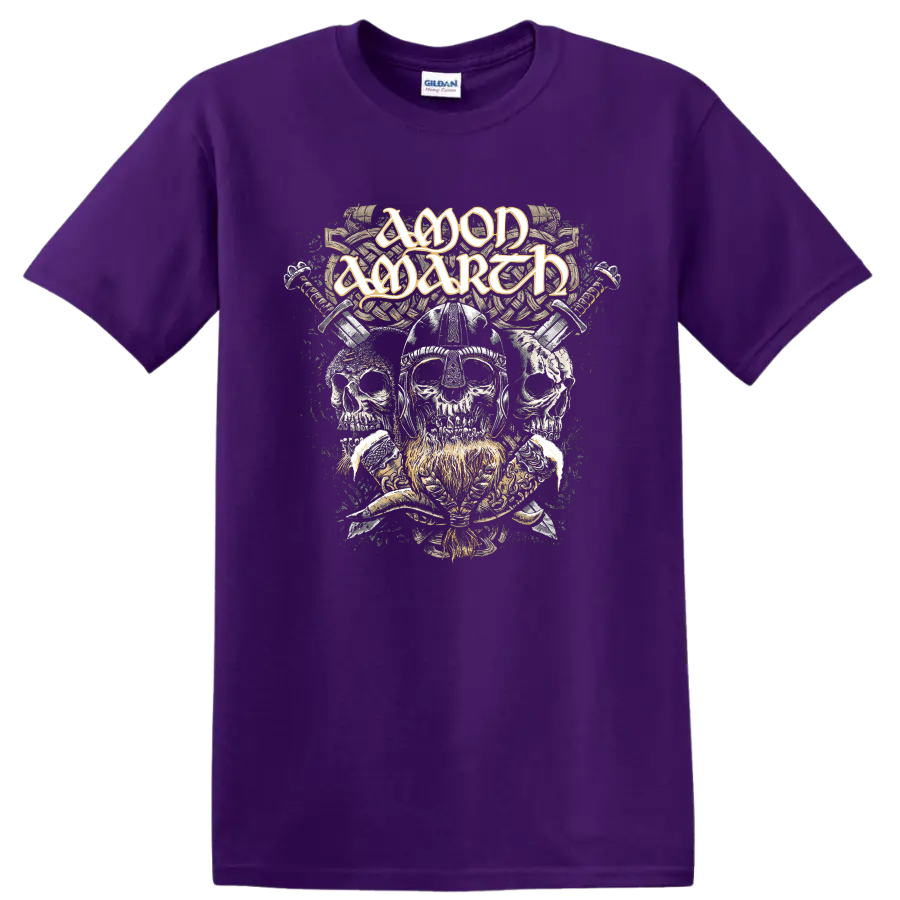 Amon Amarth logo above Viking helmet skulls, crossed weapons, and Norse knotwork on a Purple T Shirt