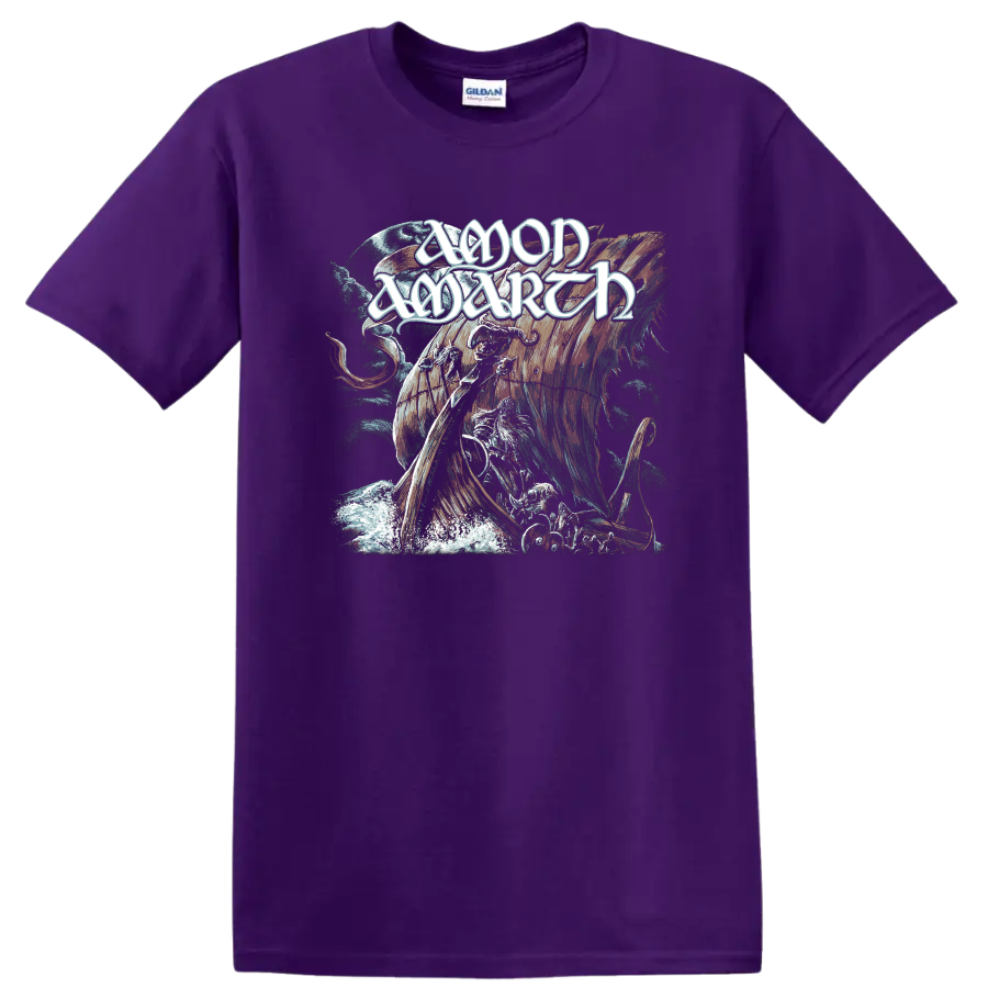 Amon Amarth Viking warrior, longship, raven, and moon in distressed metal art on a Purple T Shirt