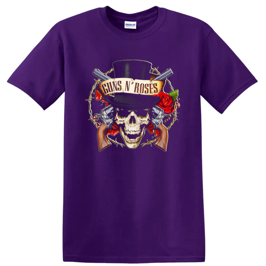 Guns N' Roses skull in top hat with red roses, revolvers, barbed wire, and banner on a Purple T Shirt