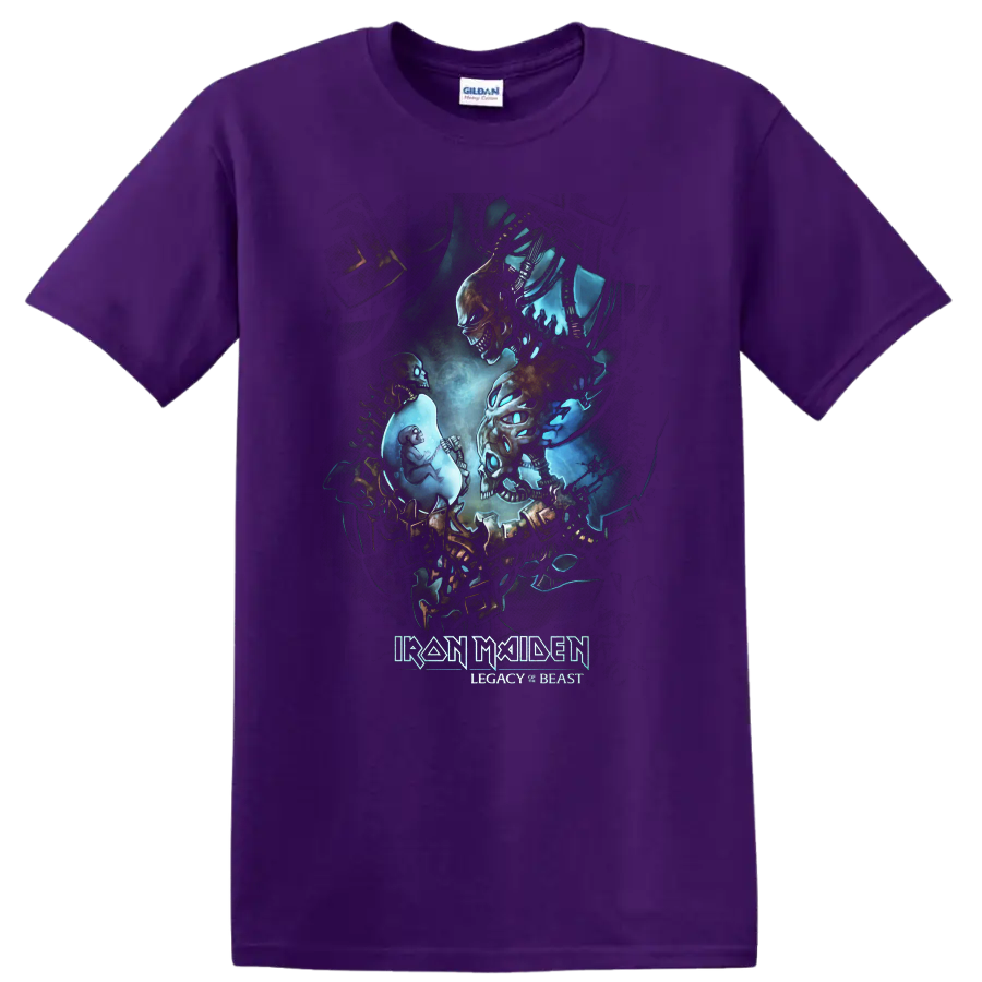 Iron Maiden Legacy of the Beast Eddie skeletal dark fantasy metal artwork on a Purple T Shirt