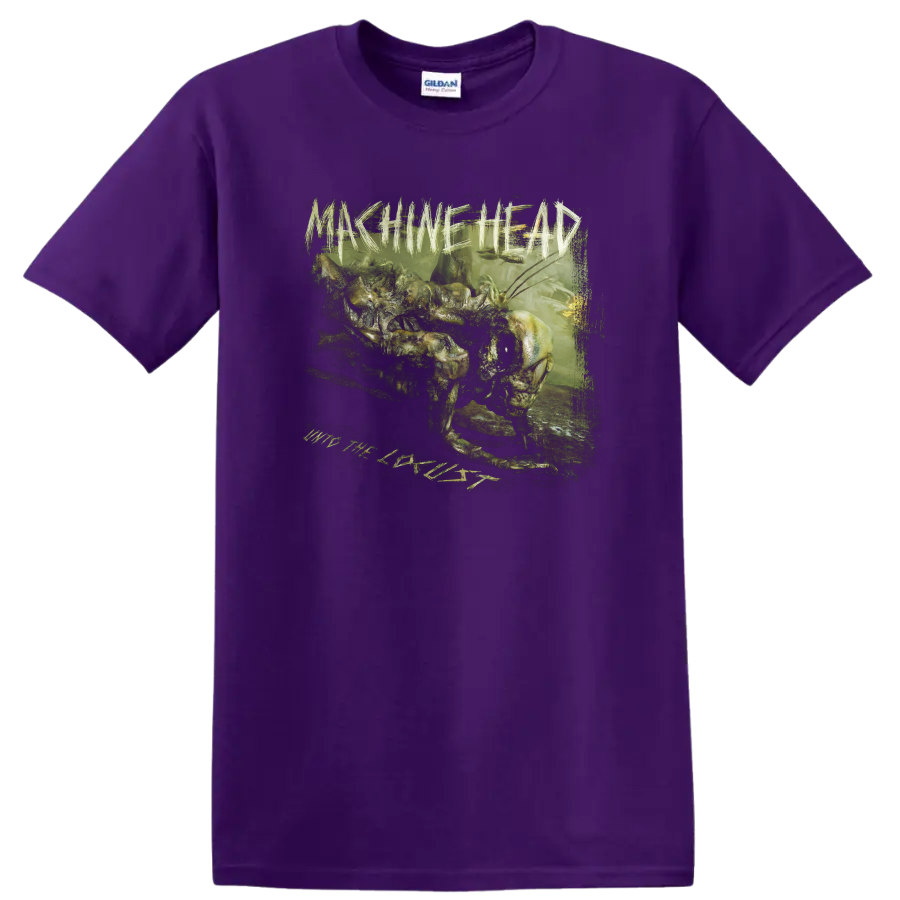 Machine Head Unto the Locust distressed green creature metal artwork on a Purple T Shirt