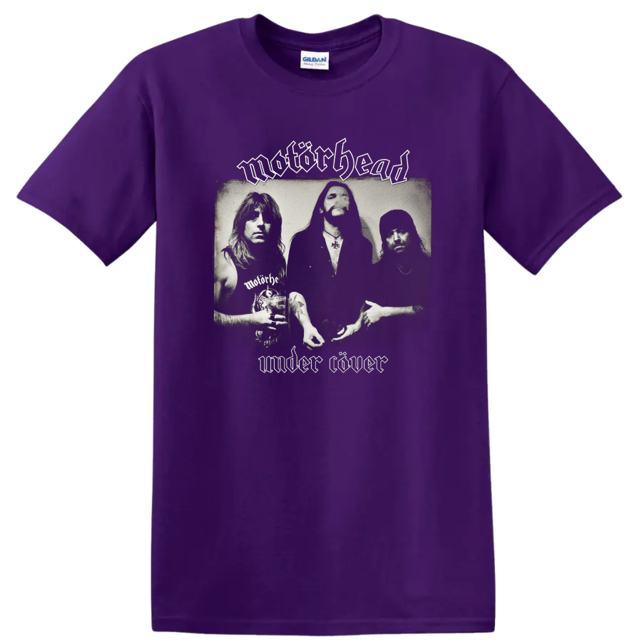 Motörhead Under Cöver black-and-white band portrait with gothic logo lettering on a Purple T Shirt