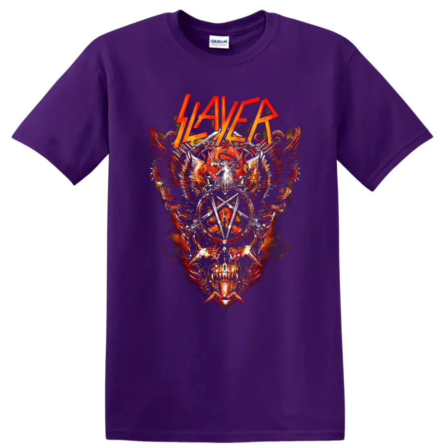 Slayer logo over flaming skull, wings, serpents, swords, and pentagram metal artwork on a Purple T Shirt