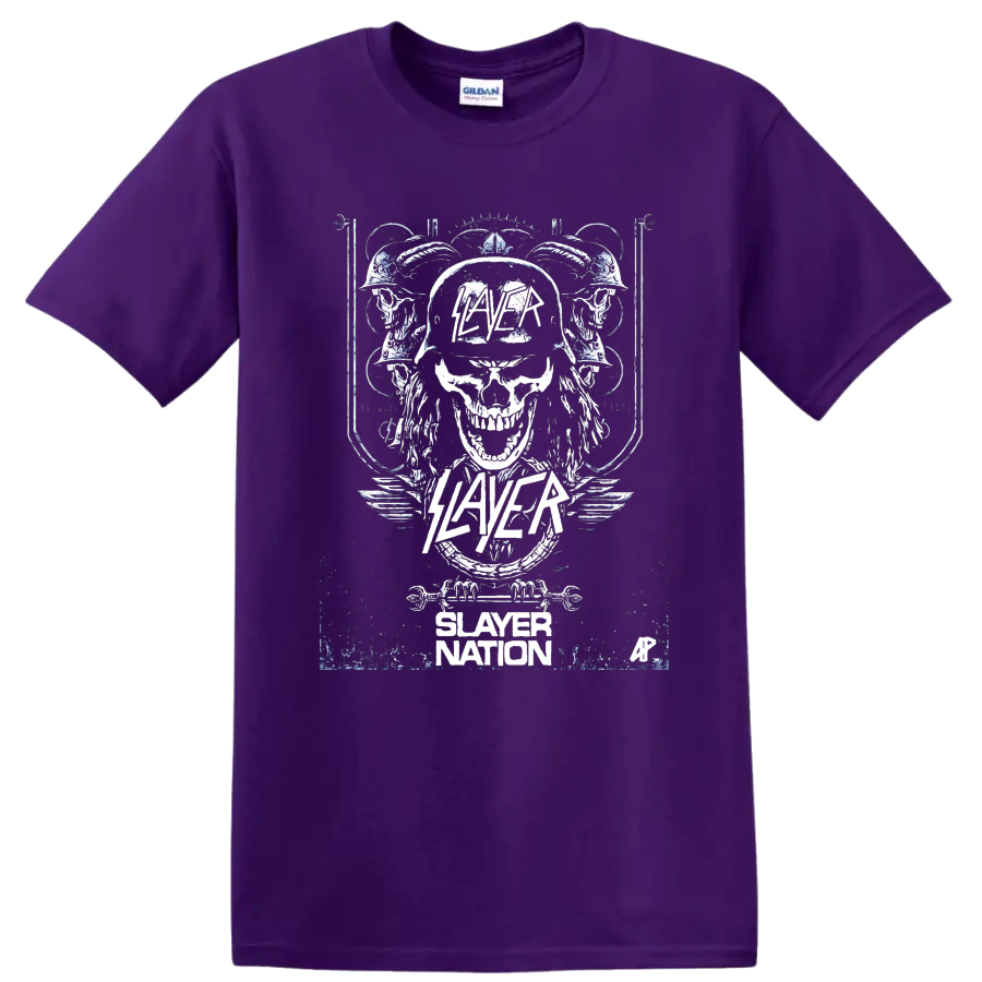Distressed Slayer skull graphic with helmet, mirrored skulls, wings, and Slayer Nation on a Purple T Shirt