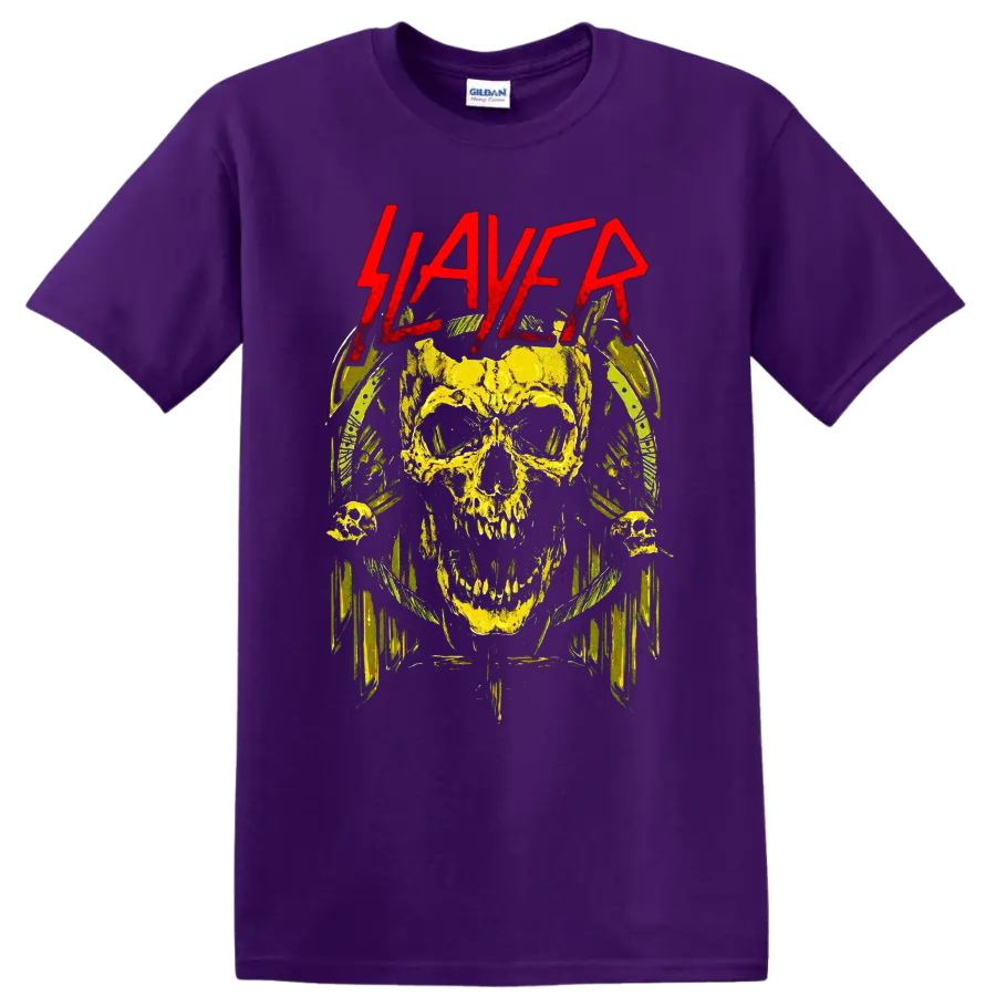 Distressed yellow skull with red Slayer lettering and dark heavy metal horror art on a Purple T Shirt