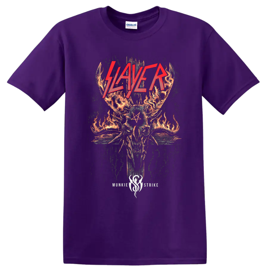 Slayer Skullagramm flaming horned skull with red logo and pentagram on a Purple T Shirt